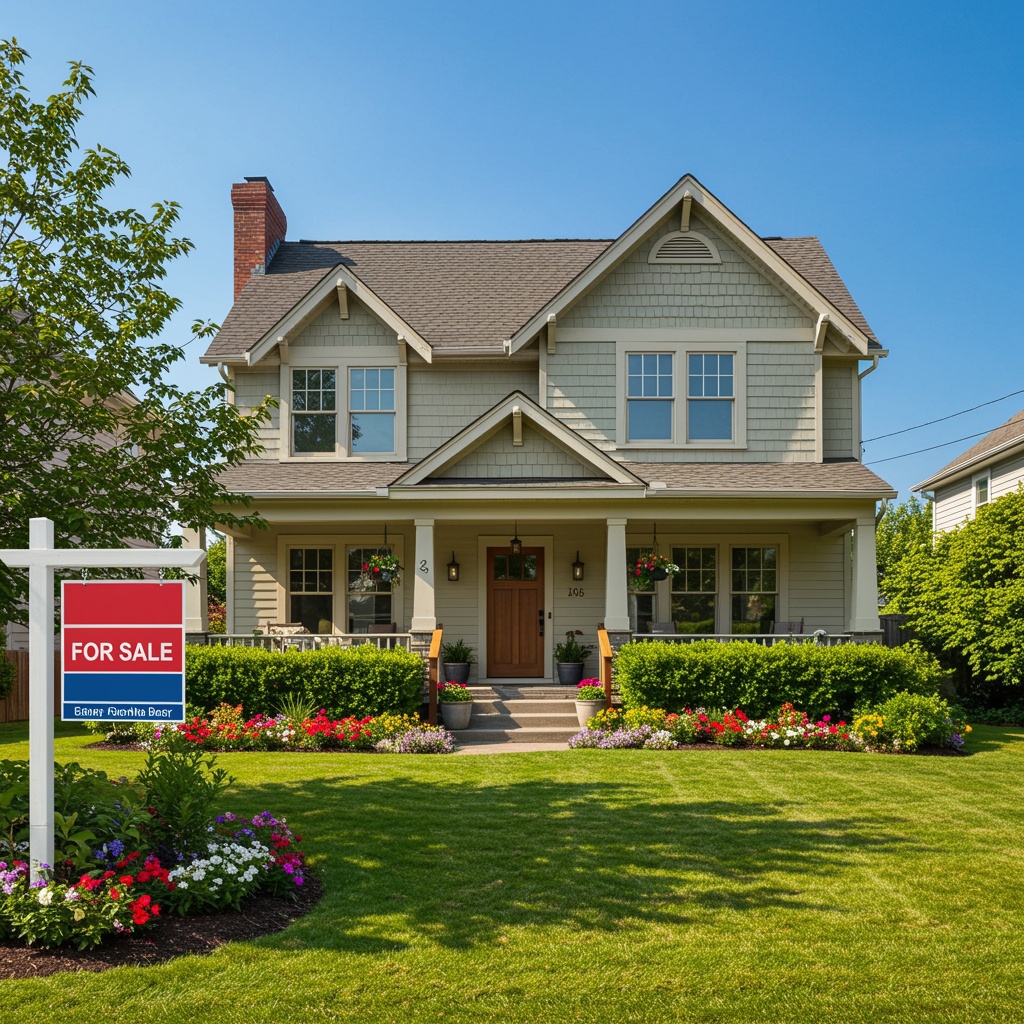 House with Yard and For Sale Sign